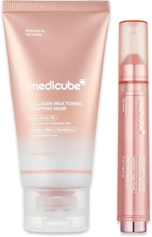 medicube Milky Collagen Double Glow Lock Duo: Collagen Glazed Milky Wrapping Mask and Booster Serum | 130DaCollagen, Niacinamide, Glutathione for Plumped, Radiant Glass Skin
