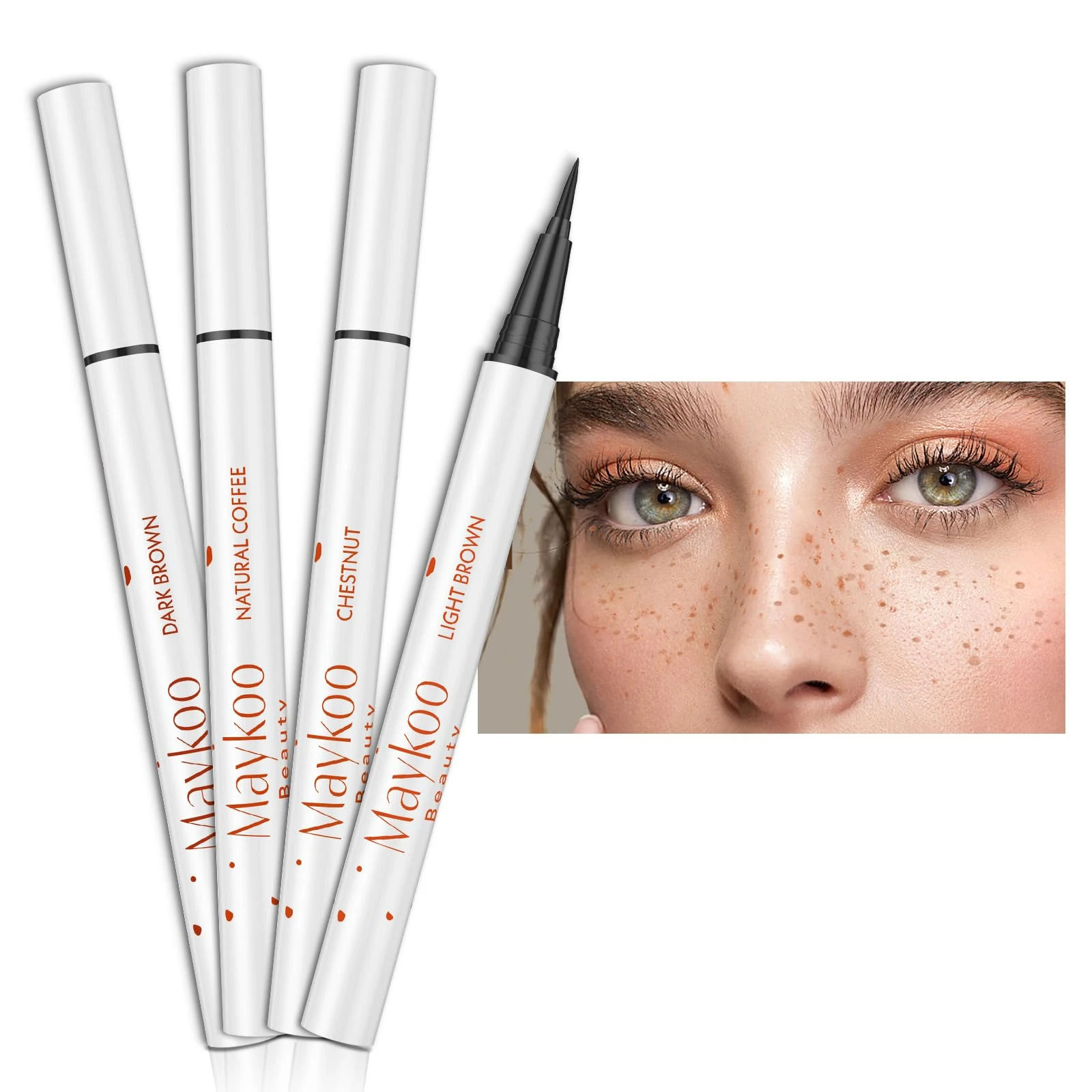 MAYKOO 4 Colors Freckle Pen Set, Natural Lifelike Face Fake Freckle Stamp Makeup Pen Waterproof Long Lasting Quick Dry Faux Freckles Sun-kissed Makeup-Light Brown,Natural Coffee,Chestnut,Dark Brown