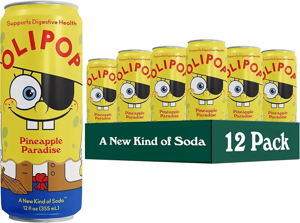 OLIPOP Prebiotic Soda Pop, SpongeBob Pineapple Paradise, Pantry Pack Packed with Prebiotics, Fiber, and Botanicals, Gluten Free, GMO Free, 12oz Skinny Can (12-Cans)