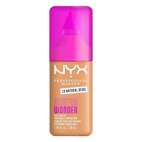 NYX PROFESSIONAL MAKEUP Make 'Em Wonder Liquid Foundation, 24HR Foundation Makeup With A Soft Matte Finish, Buildable Full Coverage - 16 Natural Beige