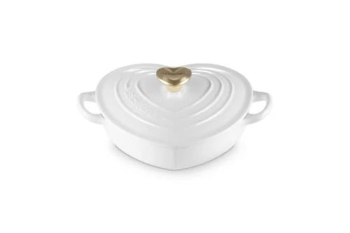 Le Creuset Enameled Cast Iron Traditional Shallow Heart Cocotte, 1.25 Qt., White Light Gold Heart Knob