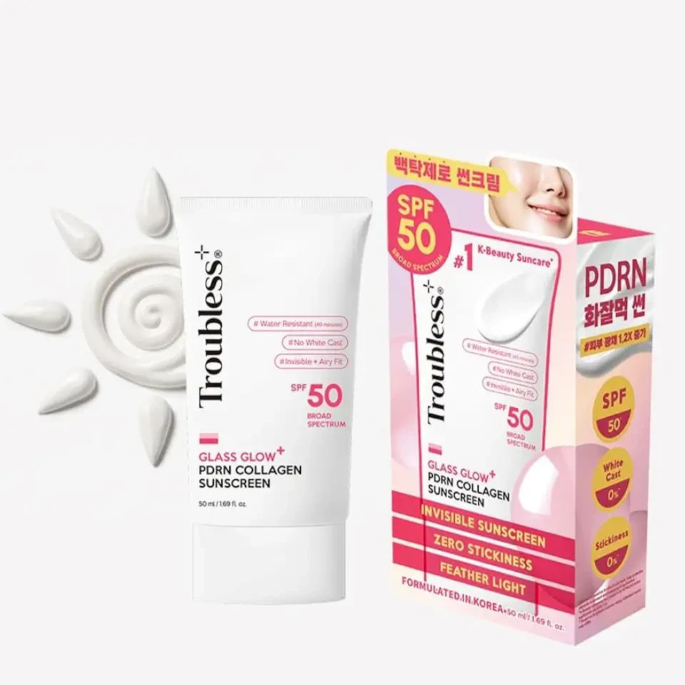 Troubless Glass Glow PDRN Collagen SPF 50 Sunscreen face - Hydrating & Moisturizing Broad Spectrum Sunscreen - Vegan, Lightweight, Non-Comedogenic - Korean Skin Care for All Skin Types 1.69 fl oz