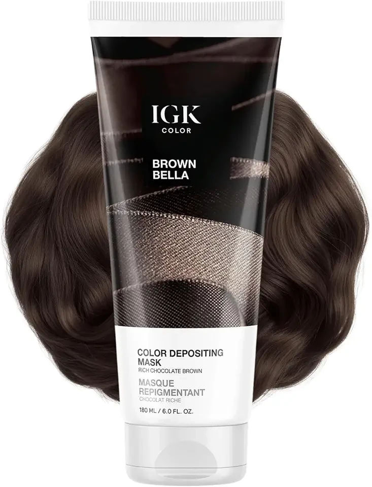 IGK Brown Bella Color Depositing Hair Mask | Chocolate Brown Semi Permanent Hair Color Conditioner + Gloss Toner | Hydrating Formula Adds Shine + Refreshes Color | Vegan + Cruelty Free | 6 oz