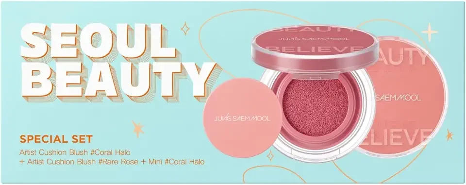 Artist Cushion Blush | Easy to Blend with Puff, Buildable Liquid Blush for Cheeks with a Natural & Dewy Finish, Korean Makeup (Dewy Gift Set | Coral Halo & Rare Rose)