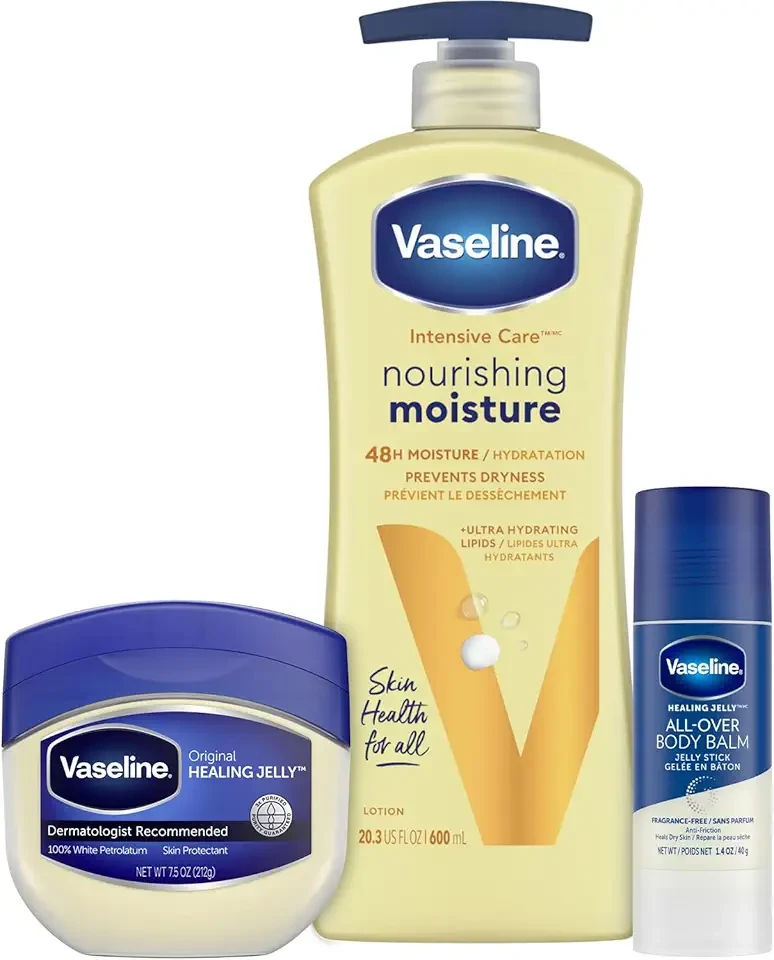 Vaseline Intensive Care Essential Healing Body Lotion, 20.3 oz, Bundled with Petroleum Jelly Original, 7.5oz, and All-Over Body Balm Stick, 1.4 oz - Pack of 3, Moisturizing Skin Care