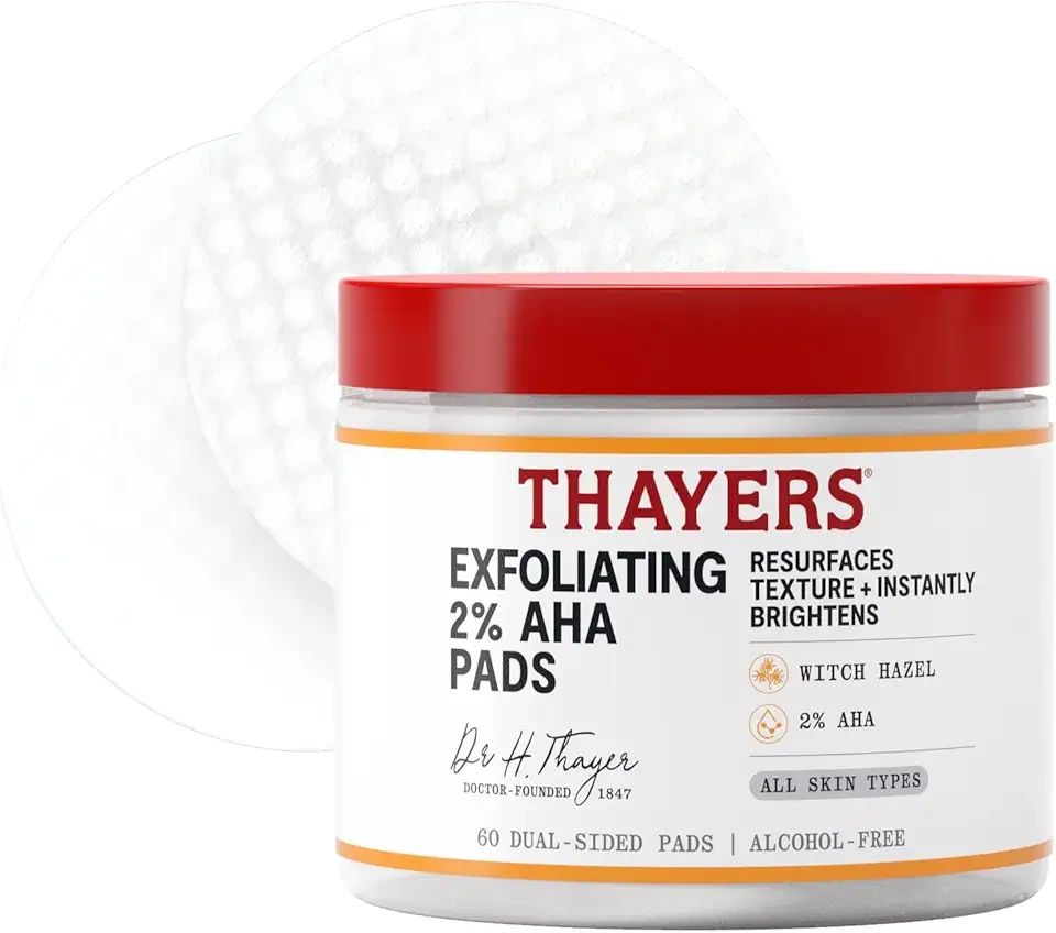 Thayers Exfoliating 2% AHA Toner Pads, Dual-Sided Exfoliating Pads with Witch Hazel, Glycolic Acid and Lactic Acid to Resurface Skin Texture and Instantly Brighten, For All Skin Types, 60 Count