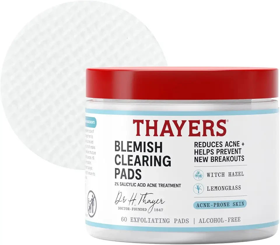 Thayers Blemish Clearing Acne Pads, Salicylic Acid Acne Treatment for Face, Pore Reducing, Exfoliating, and Soothing Skincare, Witch Hazel Toner Pads, 60 Ct