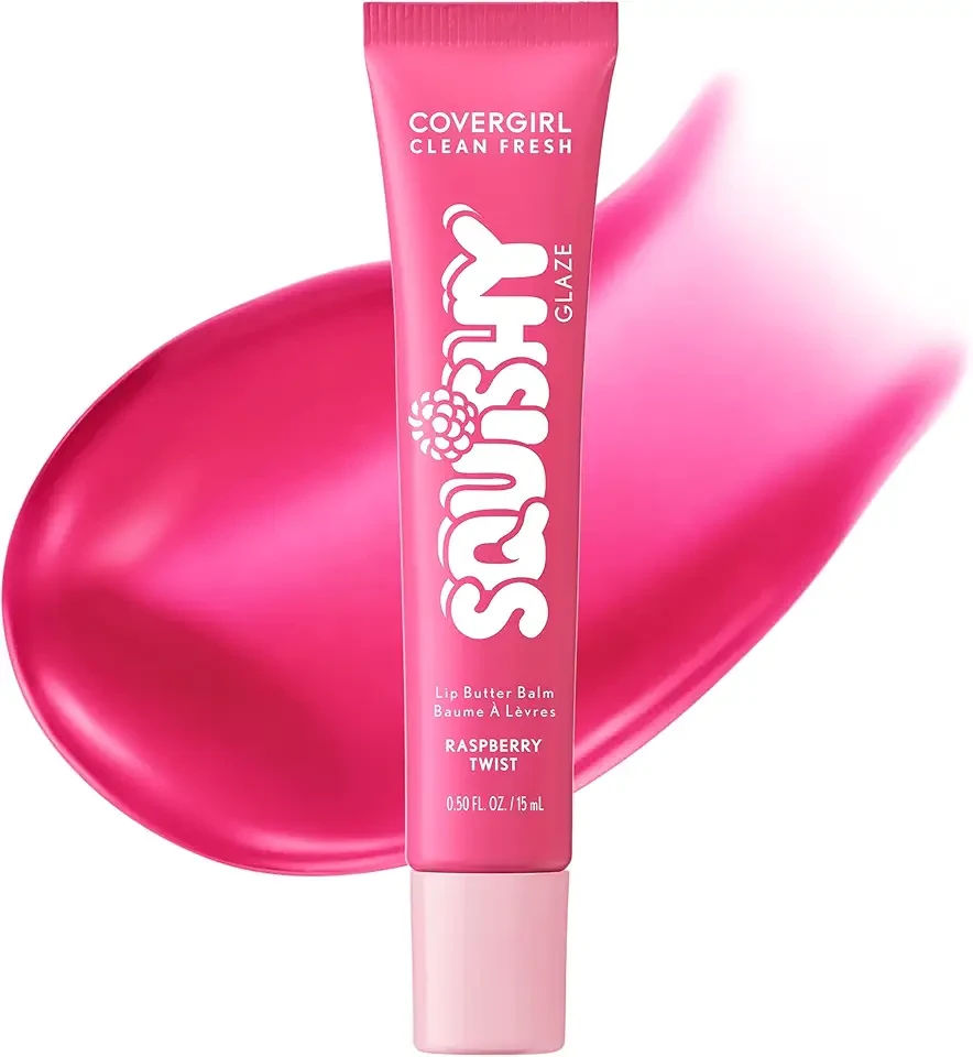 COVERGIRL Clean Fresh Squishy Glaze™ Lip Butter Balm, Flavored, Non-Sticky, with Vitamin E & Shea Butter – 100 Raspberry Twist (Sheer Fuchsia)