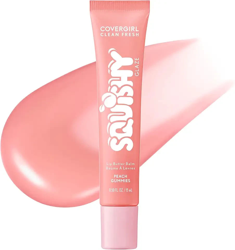 COVERGIRL Clean Fresh Squishy Glaze™ Lip Butter Balm, Flavored, Non-Sticky, with Vitamin E & Shea Butter – 180 Peach Gummies (Sheer Peach Pink)