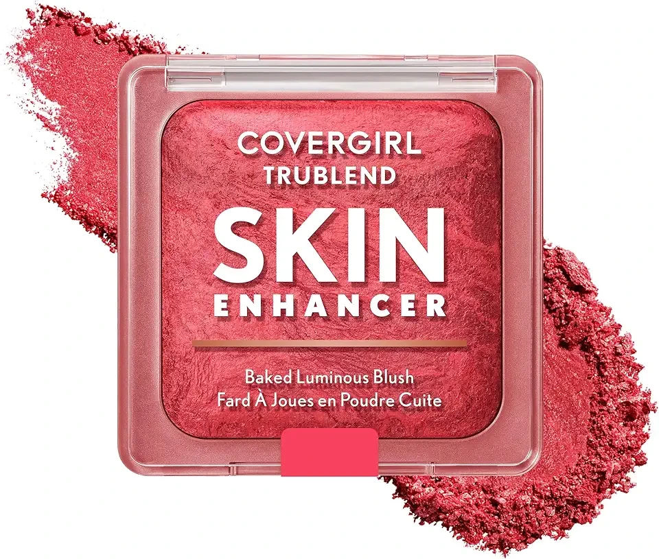 COVERGIRL TruBlend Skin Enhancer Baked Luminous Blush, with Hyaluronic Acid & White Rose Extract, Blends Seamlessly - Strawberry Drizzle (Bright Red with Light Red Swirls)