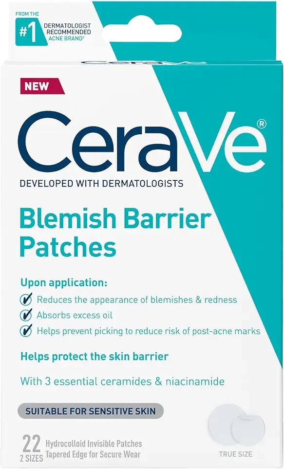 CeraVe Hydrocolloid Blemish Patches, Oil Absorbing Spot Control with Ceramides and Niacinamide, Allergy-Tested & Suitable For Sensitive Skin, Ultra-Thin & Blends Into All Skin Tones, 22ct
