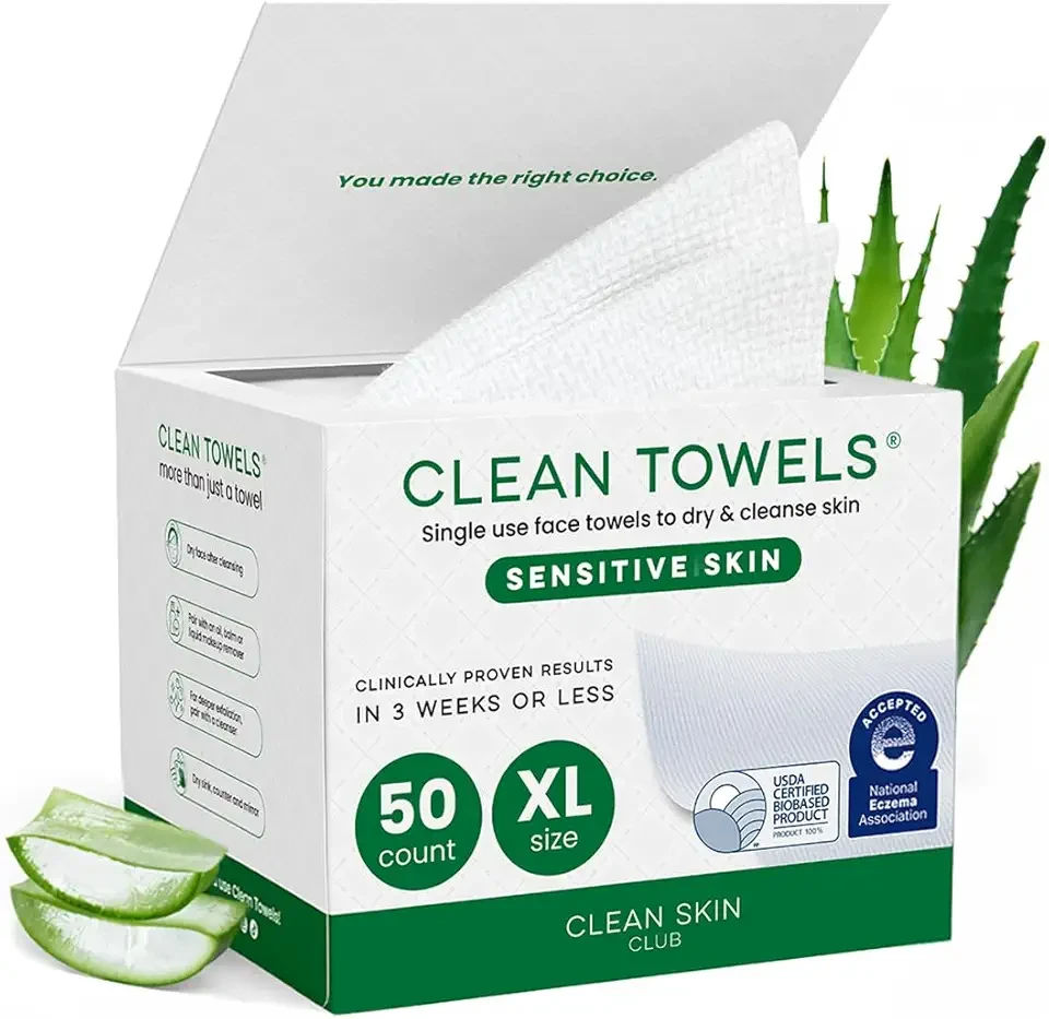 CLEAN SKIN CLUB Sensitive Skin Clean Towels® XL, Ultra-Soft Disposable Face Dry Wipes Infused with Aloe & Glycerin, XL - 1 Pack (50 count)
