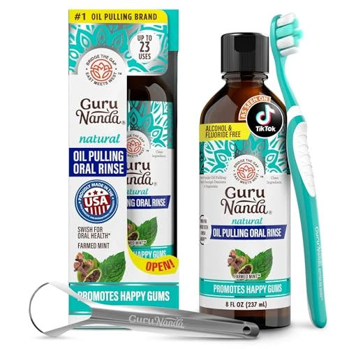 GuruNanda CocoMint Oil Pulling Mouthwash for Complete Oral Hygiene, 7 Essential Oils & Vitamins for Happy Teeth & Gums & Fresh Breath, with Toothbrush & Tongue Scraper, Alcohol-Free, 8 oz