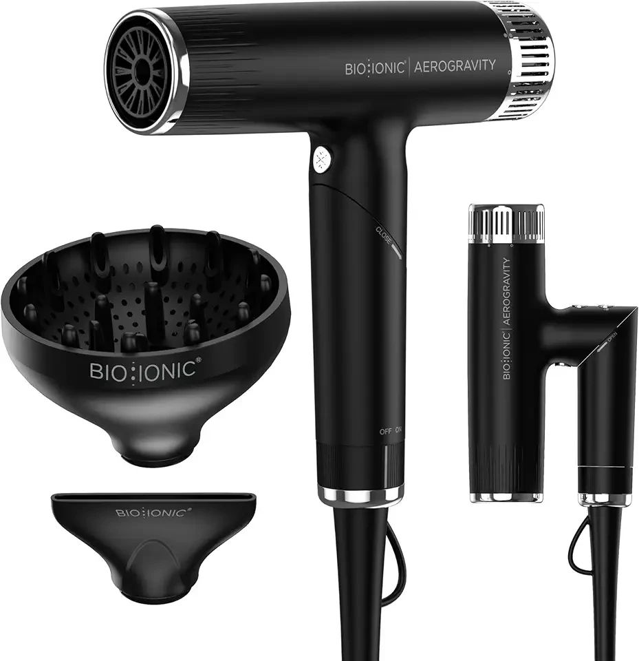 Bio Ionic AeroGravity Featherlight Hair Dryer, Foldable Handle, Reduces Frizz & Static, Compact, Ultra-Lightweight Blow Dryer, Dual Voltage, Includes Diffuser & Concentrator Nozzle, Travel Essentials