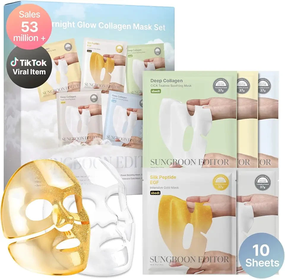 SUNGBOON EDITOR Deep Collagen Overnight Glow Mask Set, Korean Sheet Mask Trial Set with 10 Masks in 5 Types, Deep Collagen & Gold Overnight Mask for Hydration, Soothing, Glow and Firm-Looking Skin