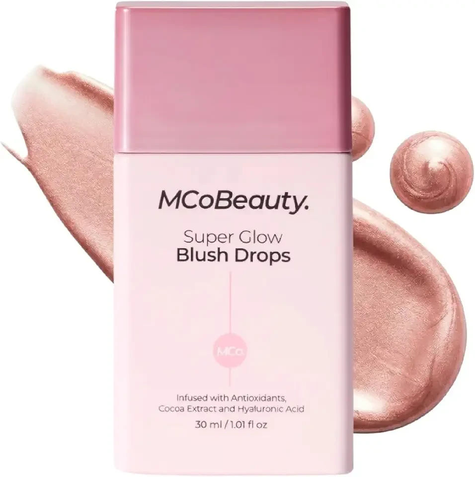 MCoBeauty Super Glow Blush Drops - Blush Pink - Liquid Cheek Color - Buildable Warm Flush with Jojoba Oil Hyaluronic Acid Cocoa Extract White Tea Antioxidants - Vegan & Cruelty Free