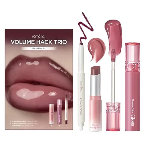 rom&nd Volume Hack Trio Glazed Plum Lip Set | Plumping, Hydrating K-Beauty Lip Kit for High-Shine, Irresistible Pouts