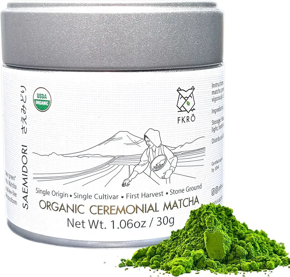 FKRO Organic Saemidori Ceremonial Grade Matcha Green Tea Powder | 1st Harvest, Single Cultivar | Sugar-Free | Monthly Fresh from Japan (30g/1.06oz) Tin