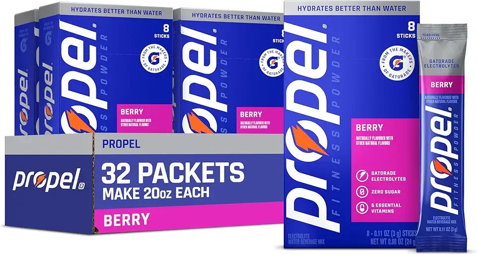 Propel Electrolyte Powder Drink Mix, Berry, (32 Servings), Zero Sugar, Enhanced Water Beverage, Gatorade Electrolytes, Vitamins, No Added Colors, No Artificial Flavors, Hydration