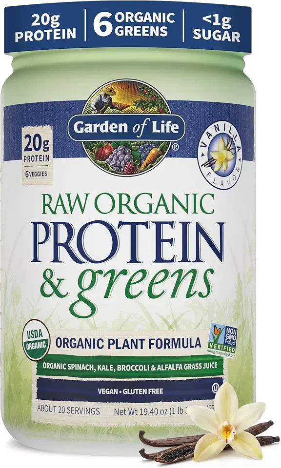 Garden of Life Raw Protein & Greens Vanilla Protein Powder – 20g Plant Based Greens Powder, Probiotics & Enzymes, Post-Workout Recovery, Vegan, Gluten-Free, Non-GMO, 20 Servings