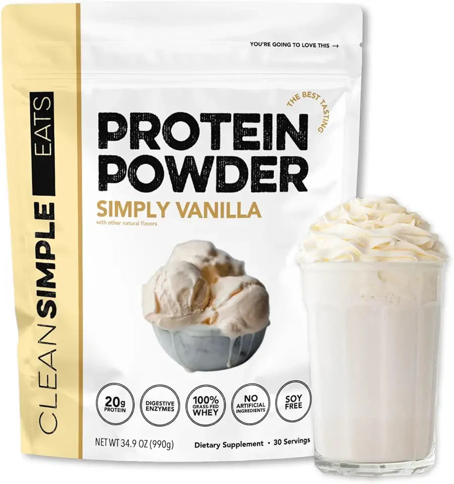 Whey Protein Powder, Simply Vanilla Flavor Naturally Sweetened, 100% Grass Fed Protein Powder with Digestive Enzymes & No Artificial Ingredients, Gluten Free, 30 Servings