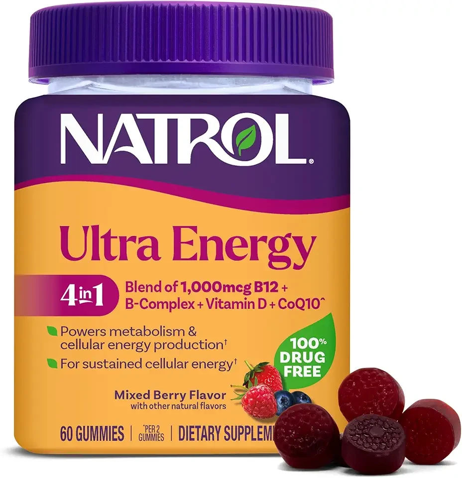 Natrol Ultra Energy 4-in-1 Blend 1000mcg B12, Vitamin B Complex, Vitamin D, CoQ10 Gummies 60 Ct, Vegetarian, Caffeine Free, Supports Cellular Energy Production
