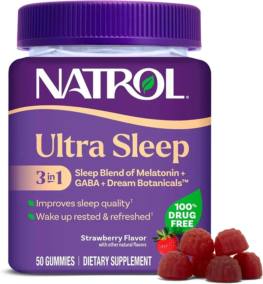Natrol Ultra Sleep 3-in-1 100% Drug-Free Sleep Aid Blend with Melatonin, GABA & Botanicals, Dietary Supplement, Non-Habit Forming, 50 Gummies