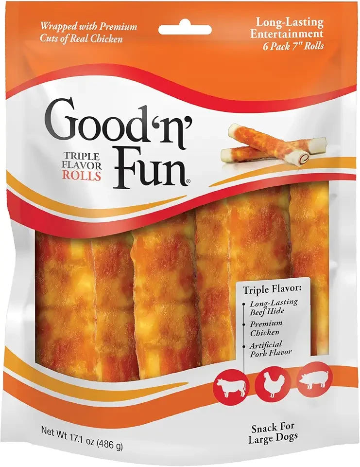 Good ‘n’ Fun Triple Flavor Rolls for Large Dogs, Treat Your Dog to Long-Lasting Chews Made with Real Beef Hide and Chicken, 6 Count