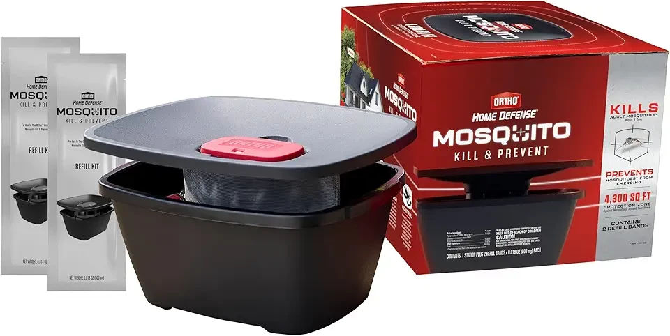 Home Defense Mosquito Kill and Prevent - Controls Mosquitoes and Larvae, Silent, Easy-to-Use, Mosquito Killer Protects up to 4,300 sq. ft., 1 Station & 2 Bands for 2 Months Protection