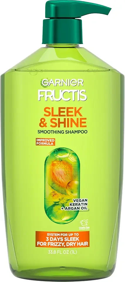 Fructis Sleek & Shine Shampoo, Smoothing Shampoo for Frizzy, Dry Hair with Argan Oil and Vegan Keratin, 33.8 Fl Oz (Packaging May Vary)