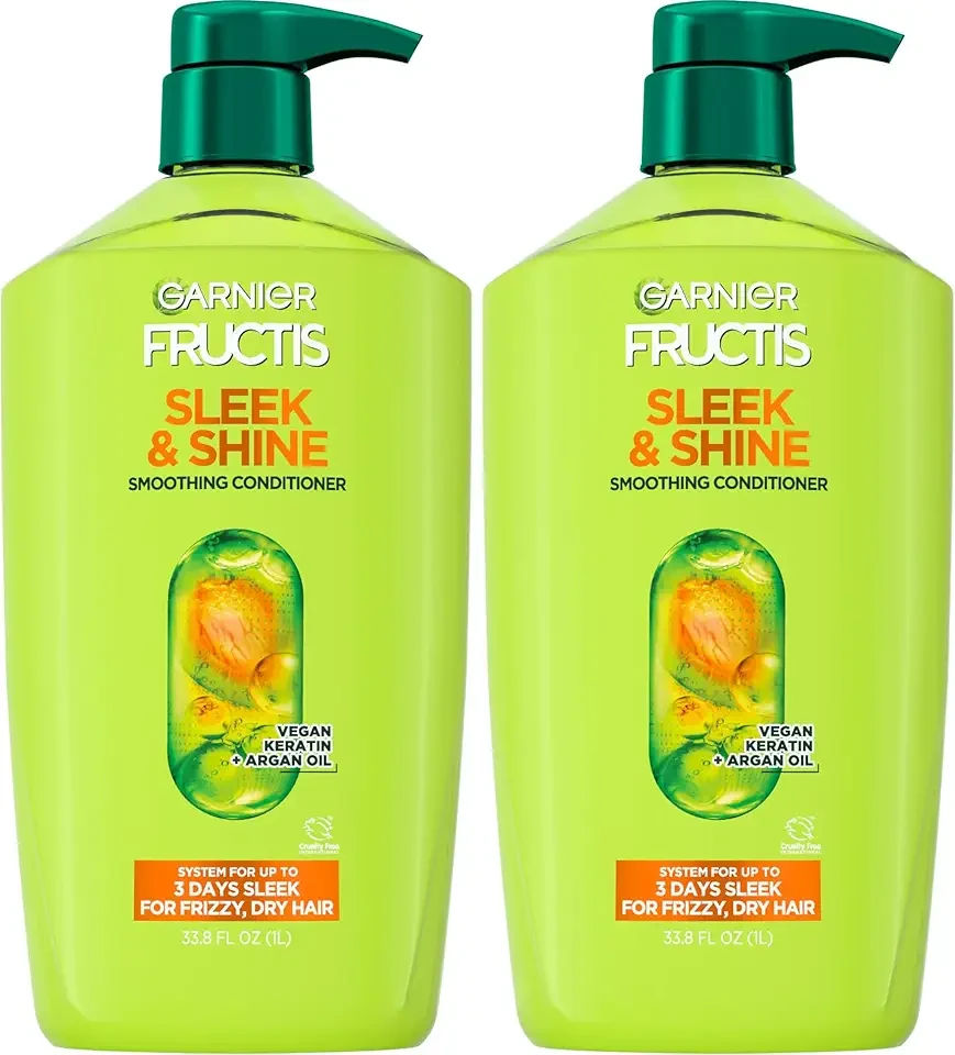 Fructis Sleek & Shine Conditioner, Smoothing Conditioner for Frizzy, Dry Hair with Argan Oil and Vegan Keratin, 33.8 Fl Oz (Packaging May Vary) (Pack of 2)
