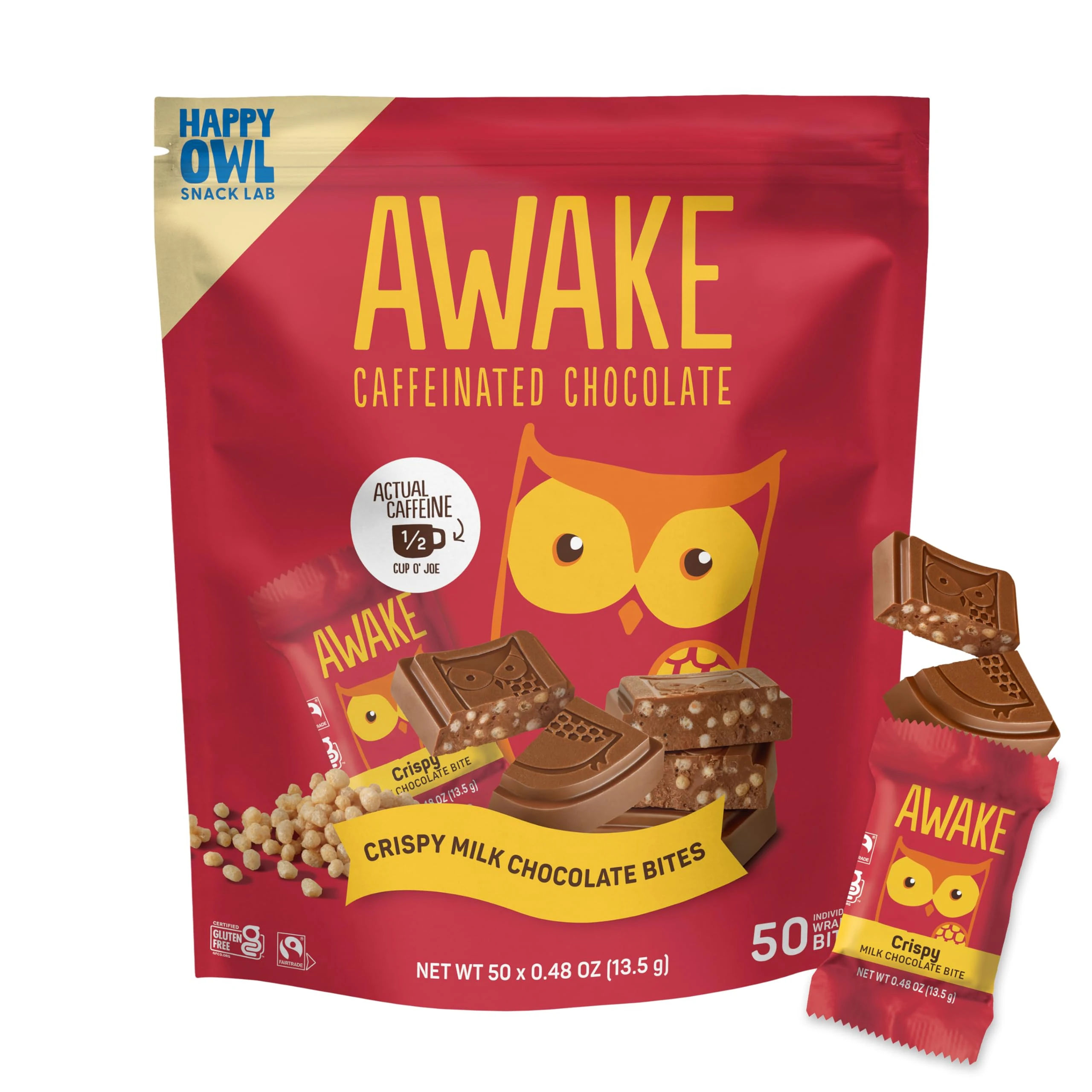 AWAKE - Caffeinated Chocolate Bites - Crispy Milk Chocolate, 50 pieces - 50mg Caffeine - Individually Wrapped candy - Coffee Alternative - Fairtrade, Gluten Free, Non GMO - 0.48oz
