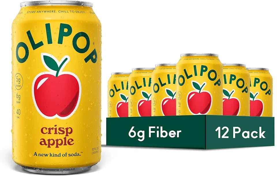 OLIPOP Prebiotic Soda Pop, Crisp Apple, Pantry Pack Packed with Prebiotics, Fiber, and Botanicals, Gluten Free, GMO Free, 12oz (12-Cans)