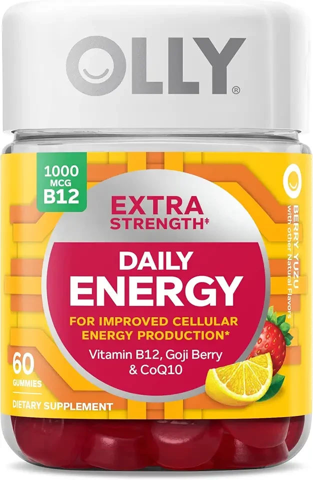 OLLY Extra Strength Daily Energy Gummy, Caffeine Free Cellular Energy Production,* 1000 mcg Vitamin B12, CoQ10, Goji Berry, Adult Chewable Supplement, Berry Yuzu Flavored, 30 Day Supply - 60 Count