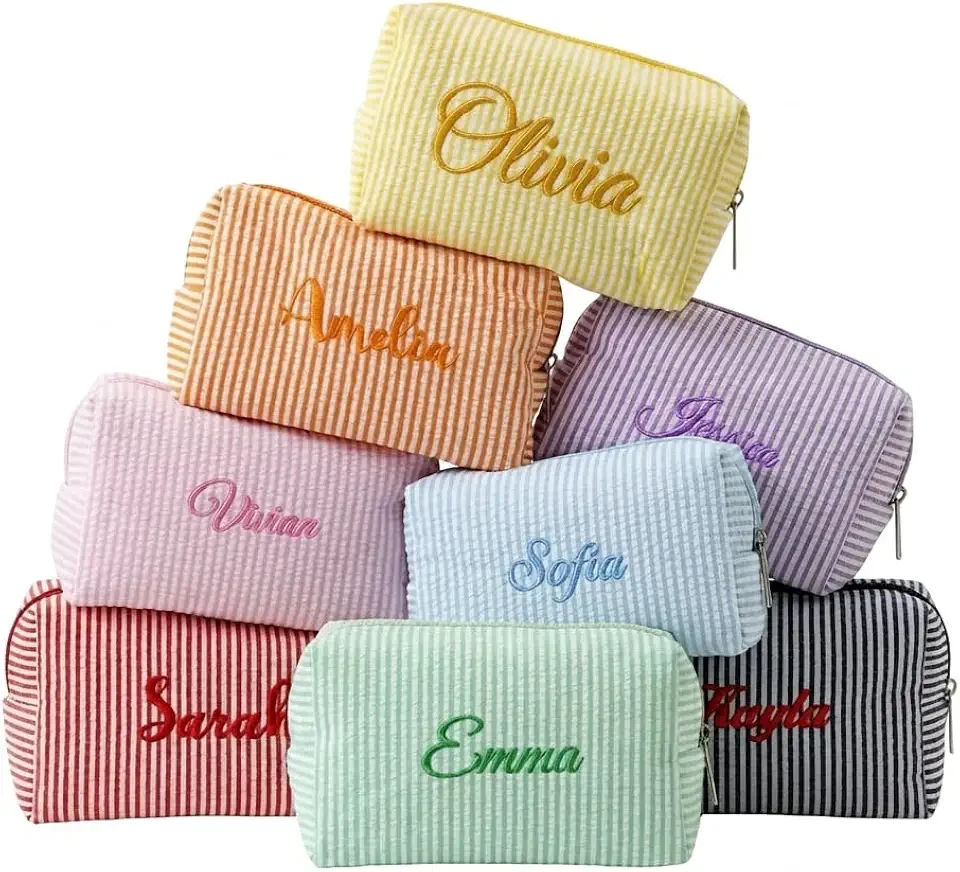 Custom Name Embroidered Seersucker Makeup Bag, Personalized Striped Cosmetic Pouch, Lightweight Large Capacity Travel Toiletry Bag, Bridesmaid & Wedding Gift (Pillow Shape)