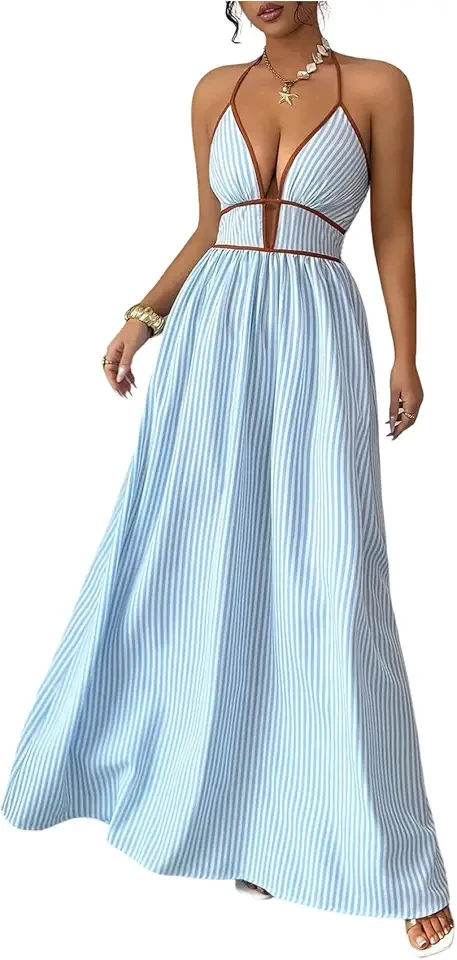 Women's Striped Halter Maxi Dress Backless Smocked Beach Vacation Boho Dress