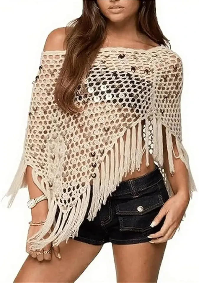 Fringe Sequin Crochet Poncho – Sheer Mesh Cover Up with, Lightweight Beach Shrug Chic Shawl