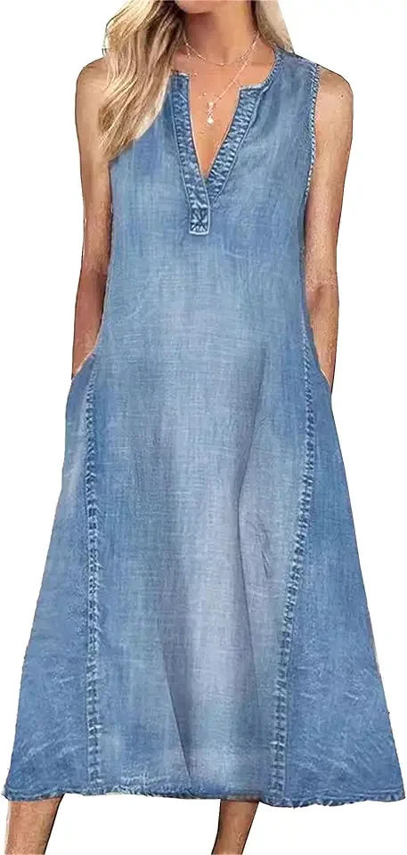 Denim Dress for Women Summer Casual Sleeveless Jean Dress A Line V Neck Loose Fit Shirt Dresses