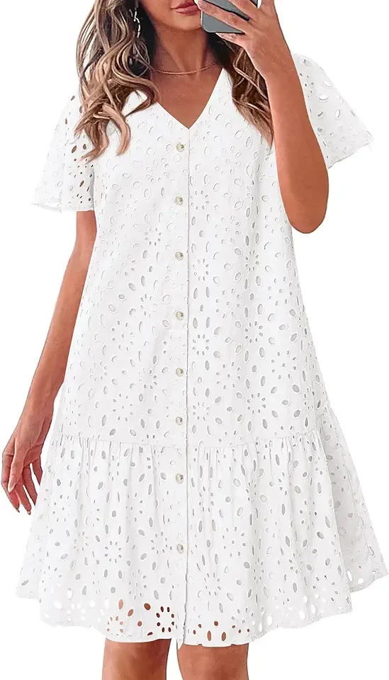 Eyelet Dresses for Women 2026 Spring Summer Short Sleeve Button Down Loose Mini Babydoll Dress Beach Vacation Clothes