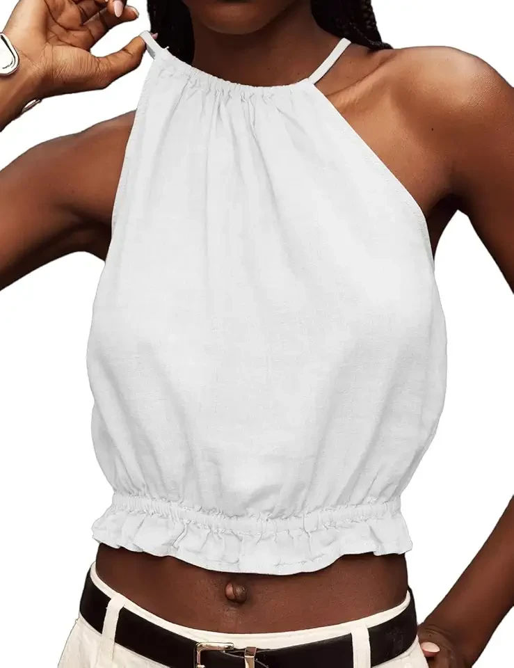 Halter Tops for Women Summer Linen Crop High Neck Tank Tops Casual Cute Sleeveless Shirt Beach Outfits