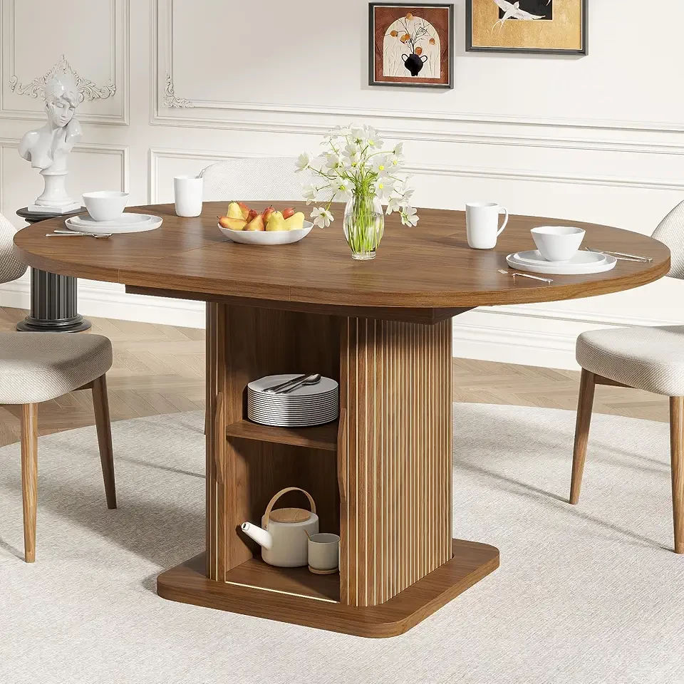Extendable Round Dining Table for 4-6-8, 59 Inch Dining Room Kitchen Table with Storage, Fluted Wood Slide Door, Modern Oval Circle Dinner Furniture for Living Room, Farmhouse, Brown, Walnut
