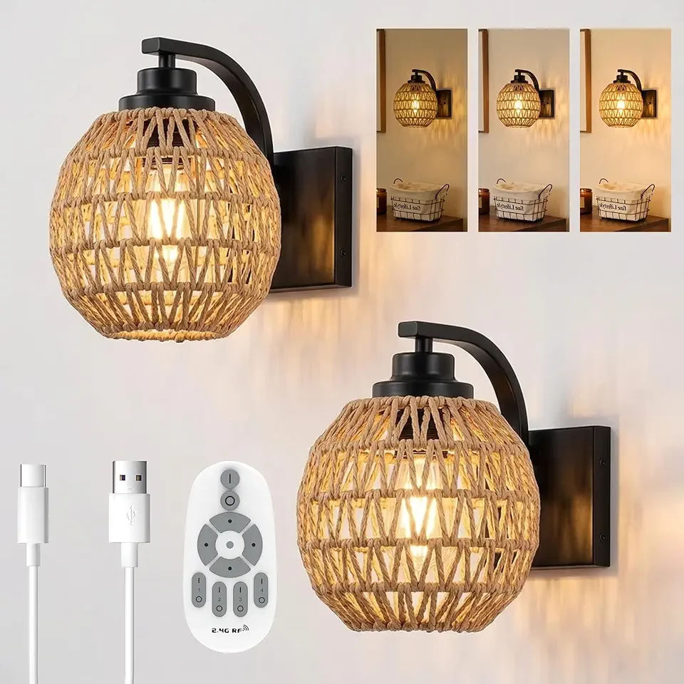 Battery Operated Rattan Wall Sconce Set of 2 with Remote Control, Rechargeable Wireless Led Wall Lamp Indoor, Cordless Wall Light Fixtures Wall Mount for Bedroom Bathroom Hallway Farmhouse, Black