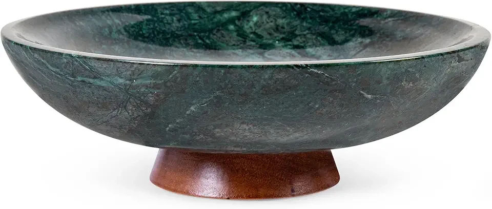 Decorative Marble Bowl Green - Handcrafted Natural Stone on Acacia Wood Pedestal - Versatile 10" Catch‑All Centrepiece for Home Decor - Entryway, Dining Table, Kitchen Fruit Bowl, Key Holder (Green)