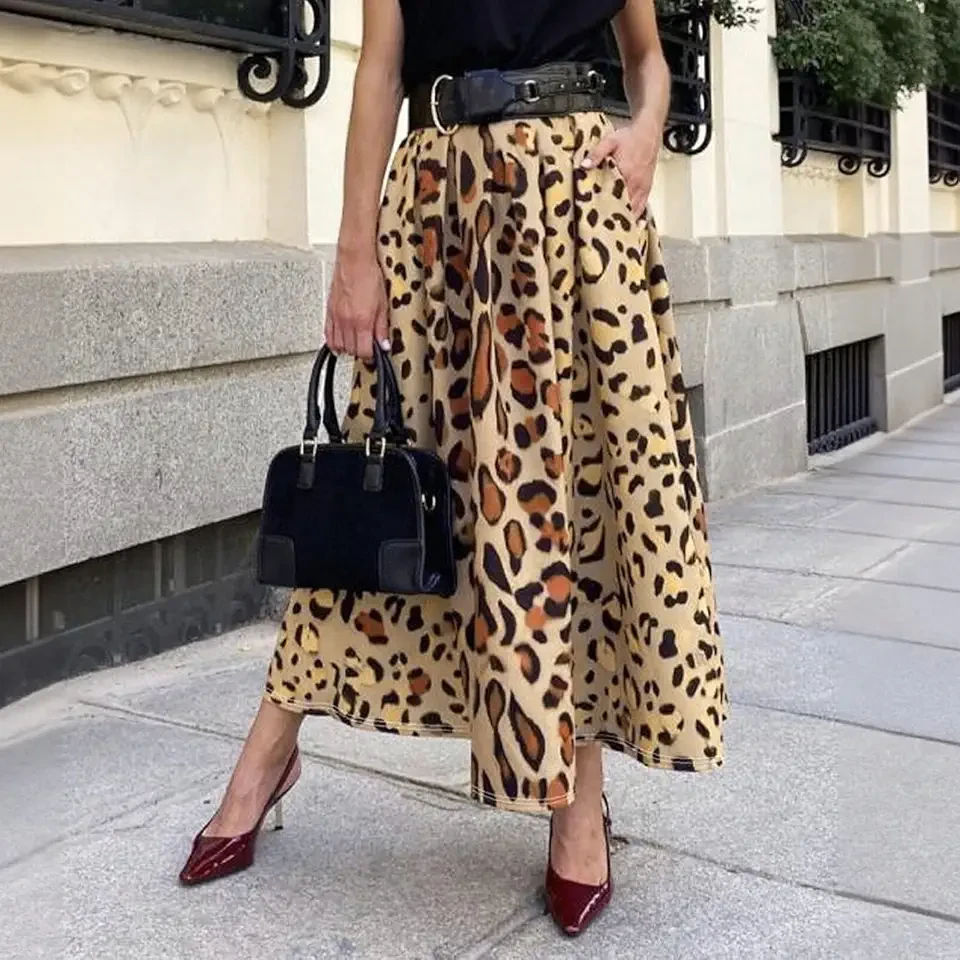 Spring/Summer Women's Loose-Fit Skirt Fashionable Commuter Skirt with Pockets Leopard Print A-Line Skirt