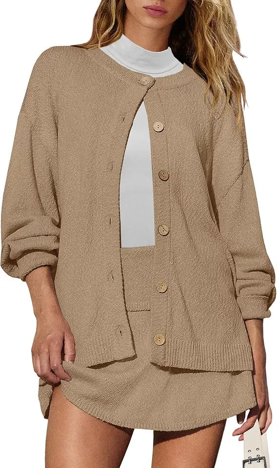 Womens Sweater Skirt Set 2 Piece Outfits Sweater Skort Set Lounge Cardigan and Knit Skirt Matching Outfits