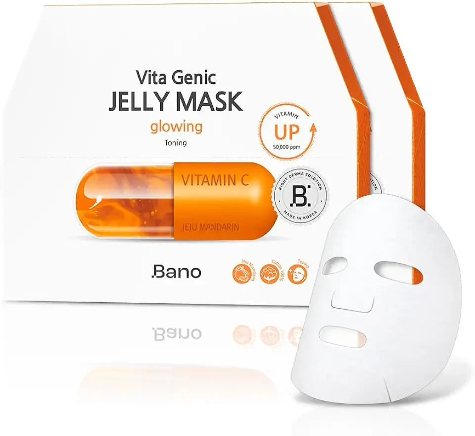 Bano Vita Genic Jelly Face Glowing Mask 10EA – Hydrating Sheet Mask for Sensitive Skin, Korean Glass Skin Care with Vitamin C, Biotin & Niacinamide, Fragrance-Free, Pack of 2