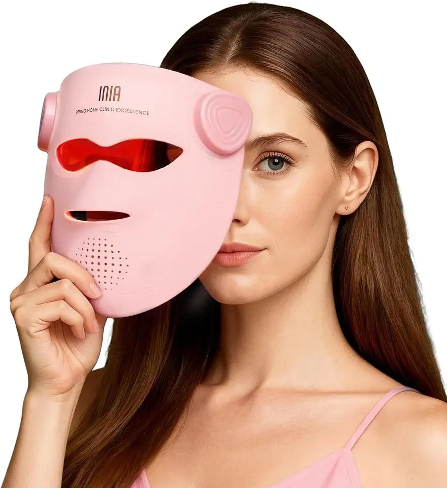 INIA Glow 4D Wireless Red Light Therapy Mask for face – Dual NIR, 320 LEDs, 4 Modes, Under-Eye Cooling, Cordless & Rechargeable LED Face Mask for Home & Travel, Skincare Gifts for Women Mom Wife, Pink