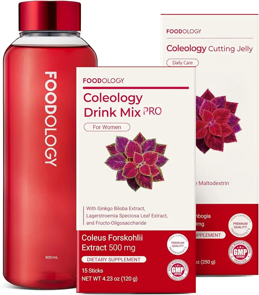 Coleology Cutting Jelly + Drink Mix PRO with Red Bottle Set | Prebiotic Fiber, Gut Health & Metabolism Support | Daily Pomegranate Wellness Duo with BPA-Free Portable Bottle | Korean Dietary
