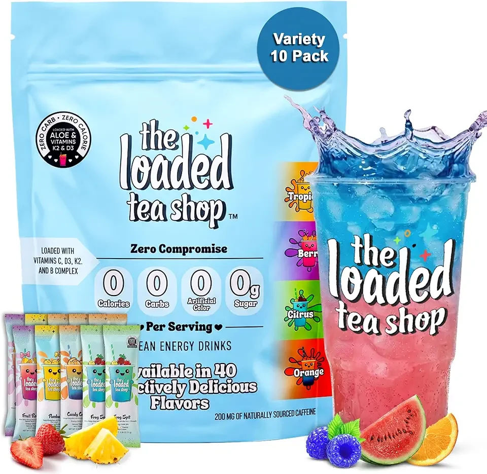 The Loaded Tea Shop Energy Drink Mix Sticks, Variety 10 Pack, Sugar-Free, Zero Calories, 200mg Natural Caffeine, No Artificial Colors/Flavors, Powder Packets w/B Vitamins - Energy Drink Alternative