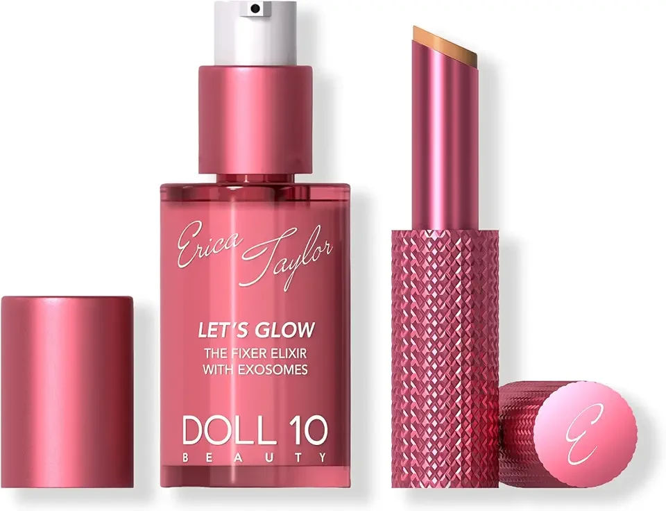 DOLL 10 X Erica Taylor - Let's Glow Duo- Brightening Face Serum + Face & Under Eye Balm Stick - Hydrating Makeup Prep Set for Radiant, Refreshed Skin- Hyaluronic Acid, Niacinamide, NAD- Tan to Rich